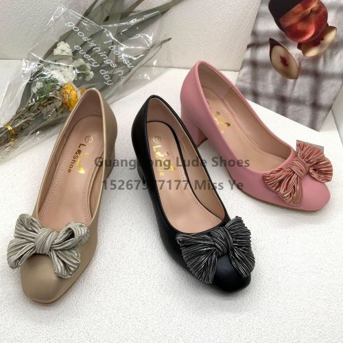 new comfort casual bow show classy high heels guangzhou women‘s shoes chunky heel simple and versatile handcraft shoes