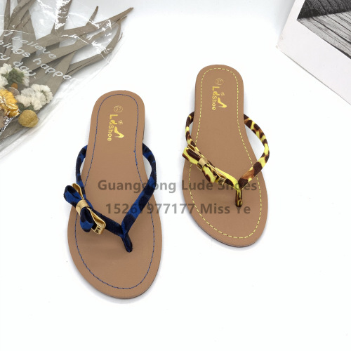 Summer New Flat Slippers Foreign Trade Leopard Bow Beach Outdoor Wear Flip-Flops Women‘s Guangzhou Women‘s Shoes Craft