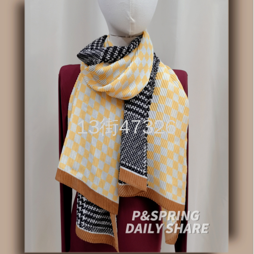 Autumn and Winter Fashion Warm Scarf Pleated Scarf Cotton and Linen Feel Silk Scarf Spot Plaid Houndstooth Printing