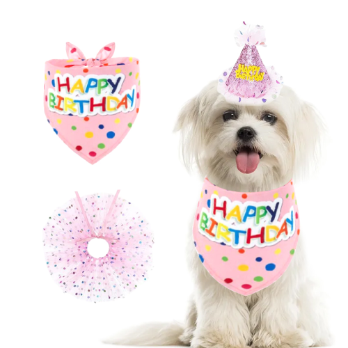 happy birthday pink bib skirt birthday hat pet party dog decoration