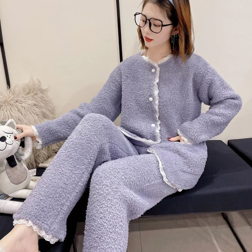 autumn and winter new pure color sweet cute cardigan pajamas women‘s home wear warm thickened two-piece set can be worn outside