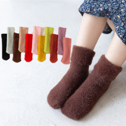 children‘s socks winter bright color fleece warm mid-calf socks imitation mink velvet baby candy color sleep home floor socks