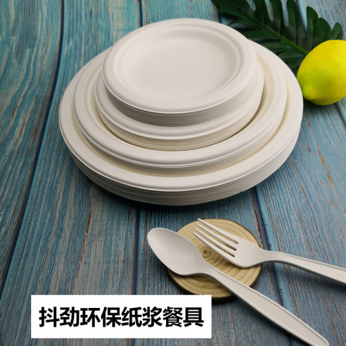 disposable plate degradable paper pulp plate round tableware paper plate bagasse tableware cake dish 67