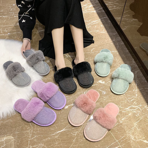 New Foreign Trade Hot Selling Autumn and Winter Rhinestone Closed Toe Flat Bottom Fluffy Slippers Interior Home Women‘s Slippers Hot Drilling Indoor