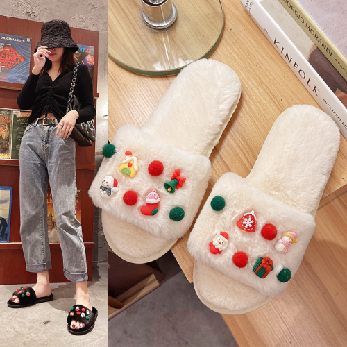 Autumn and Winter New Cute Cartoon Christmas Fleece-Lined Slippers Casual Home Foreign Trade Large Size Women‘s Slippers Mn