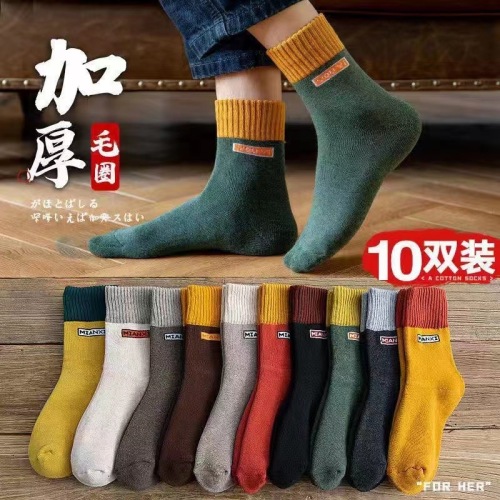 Socks Thickened Fleece-Lined Mid Warm Women‘s Socks Popular Retro Easy Matching Couple Terry Sock Men and Women Long Tube Terry-Loop Hosiery