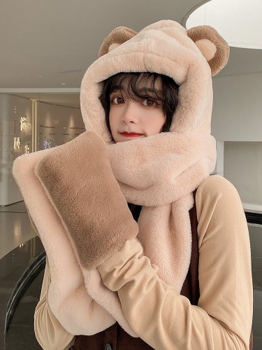 Winter Imitation Rabbit Fur Cute Bear Ear Hat Scarf Integrated Hooded Gloves Three-Piece Set for Women Plush Suit Thickened