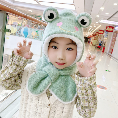 Children‘s Hat Scarf Gloves Three-Piece Set One-Piece Hat Girls‘ Autumn and Winter Warm Boys‘ Frog Ear Protection Hoodie Neck Warmer