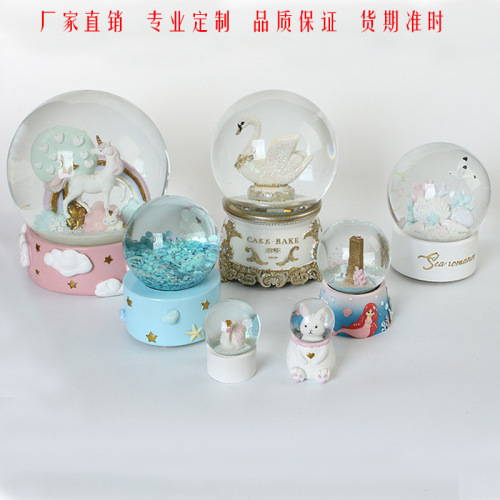 Resin Crafts Cartoon Music Box Water Ball Decoration Creative Unicorn Swan Crystal Ball with Lamp Factory Customization
