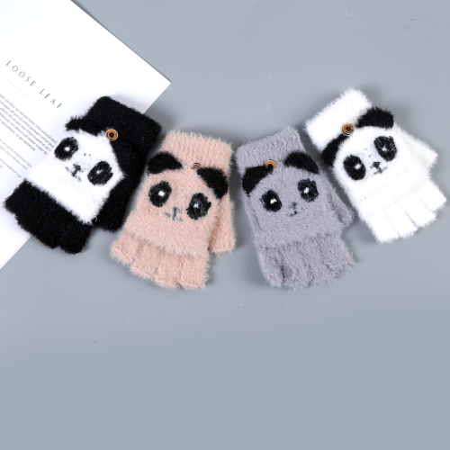 cute cartoon panda middle child open finger gloves autumn and winter korean half finger flip warm half plush gloves men and women