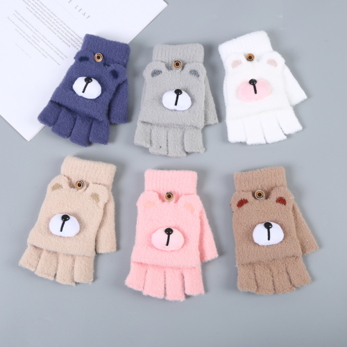 022 New Half Finger Flip Gloves Male and Female Students Autumn and Winter Cute Bear Velvet Warm Plush Writing Typing 