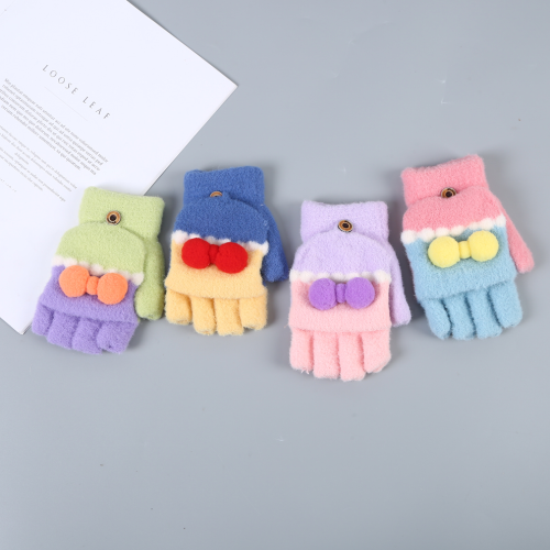 022 New Children‘s Autumn and Winter Warm Cute Cartoon Pompons Flip Half Finger Gloves Female Girls in Stock 
