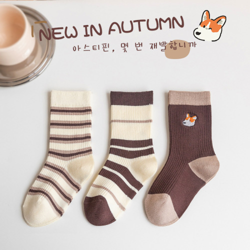 22 Autumn and Winter New Children‘s Socks Cute Cartoon Embroidered Mid-Calf Socks Striped Double Needle Baby Cotton Socks Wholesale