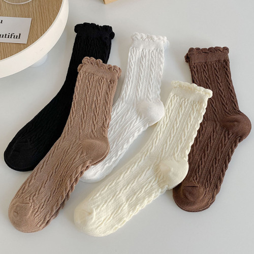 lace socks women‘s mid-calf socks spring and autumn ins trendy cute japanese solid color stockings mid-calf cotton socks jk white