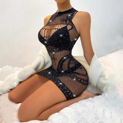 Dananshu Internet Celebrity Seductive Sexy Rhinestone Sexy Lingerie Women's Light Diamond Black Fishnet Tight Mesh Dress