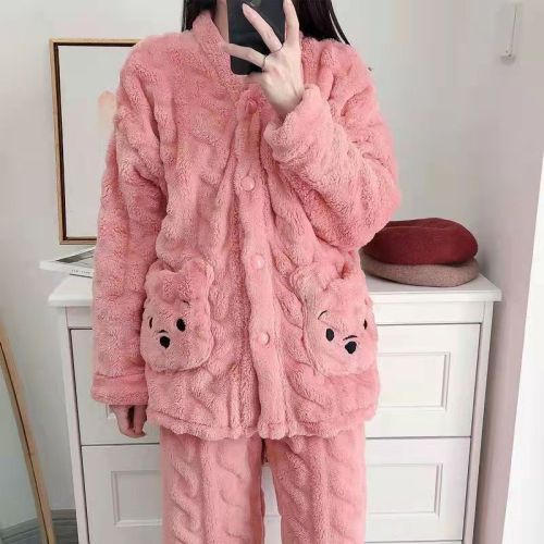 pajamas women‘s spring/autumn/winter coral fleece thickened new home wear cute internet celebrity flannel pooh bear two-piece suit