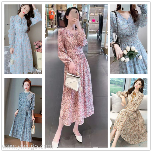 Women‘s Long Sleeve Dress 2022 Autumn Korean Style New Fashion Large Size Chiffon Floral Skirt Foreign Trade Stall Wholesale 