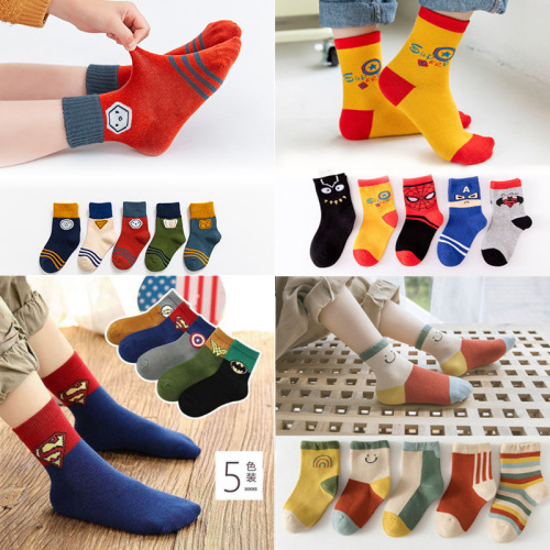 [5 pairs of hair generation] baby socks autumn and winter mid-calf spider-man superman boys and girls baby spring and autumn children‘s socks
