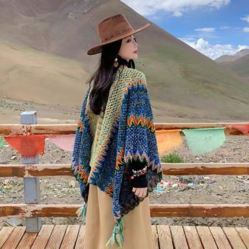 Ethnic Style Shawl Blanket Outer Wear Warm Cape Cloak Xinjiang Tibet Travel Wear Scarf for Women