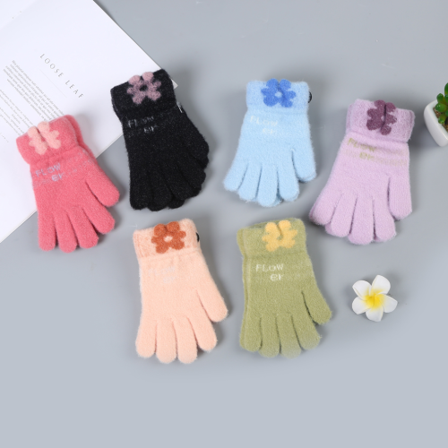 korean children‘s colorful warm gloves girl child creative petals autumn and winter wool cute five-finger gloves