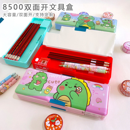 plastic pencil case student with double hole pencil sharpener stationery box two sides open cartoon pencil case daily stationery storage box