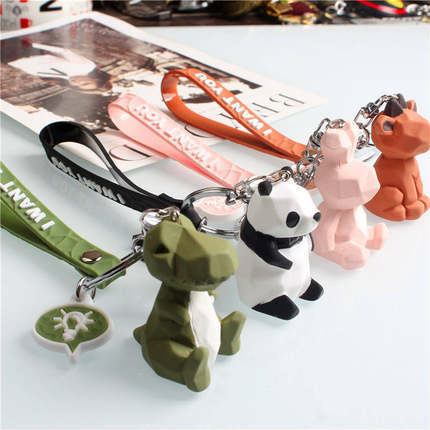 creative geometry cut animal car leather rope keychain pendant cute dinosaur panda backpack ornaments small gift