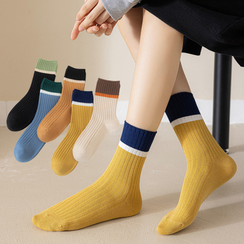 2023 Autumn and Winter New Color Matching Casual Mid-Calf Socks Women‘s Combed Cotton Breathable Warm Stockings Generation Hair