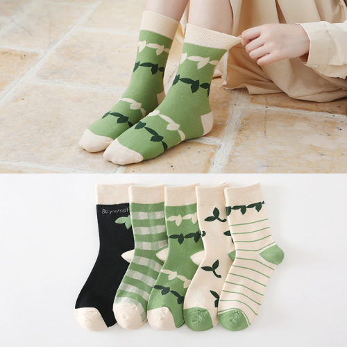 autumn and winter ladies new 5 pairs of green socks combed cotton breathable personality women‘s socks one-piece delivery