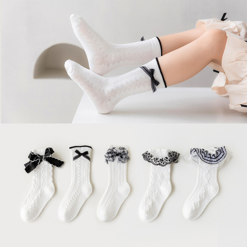 2023 Autumn and Winter New Children‘s Socks White Series Lace Bow baby Girl Princess Socks 5 Pairs on Behalf of Hair