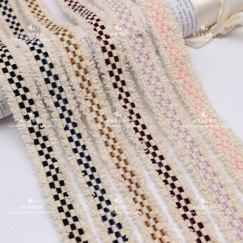 New 2cm Wide Plaid Classic Style Ribbon Three Rows Velvet Belt Lace Clothing Edge Strip Coat Handmade DIY Accessories