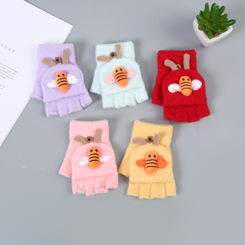 cute cartoon bee flip gloves for boys and girls autumn and winter korean style half finger warm half plush primary school children