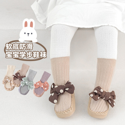 2022 New Autumn and Winter Children's Bow Leather Bottom Socks Cute Non-Slip Baby Shoes and Socks Polka Dot Princess Style Toddler Shoes