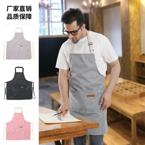 wholesale custom striped cotton linen apron floral milk tea shop kitchen home cooking amazon work cotton apron