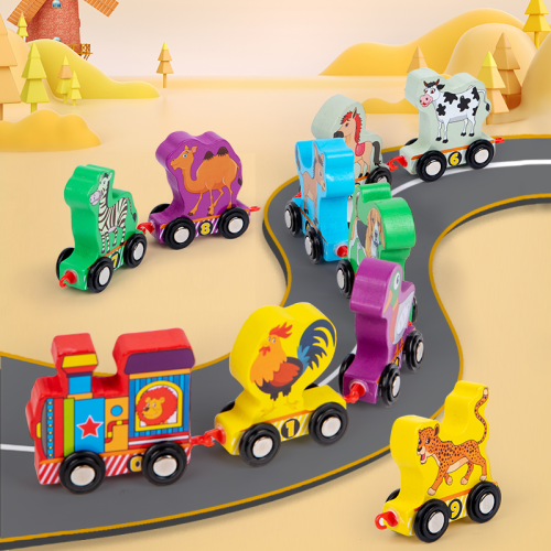 children‘s wooden small animal drag train kindergarten digital assembling building blocks intelligence pull car play 1-2-3