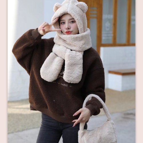 Autumn and Winter Bear Hat Women‘s Cute Korean Fashion Winter Gloves Plush Hand-Carrying Bag Four-Piece Scarf