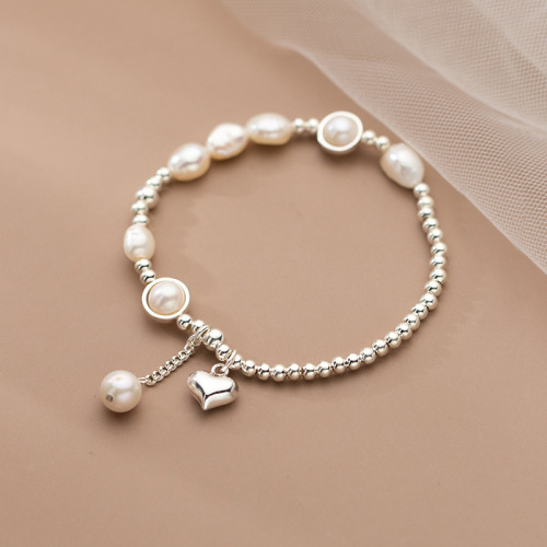 Ornament S925 Silver Pearl Light Bead Heart Bracelet Korean Style Partysu Temperamental Heart-Shaped Hand Jewelry