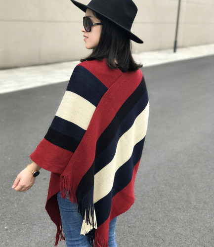 European and American Autumn and Winter New Striped Pullover Tassel Knitted Shawl Contrast Color Knitwear Cape Coat Shawl