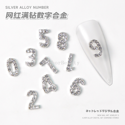 cross-border 0-9 number 2022 new alloy solid diamond flash diamond nail art silver nail art diamond jewelry diamond