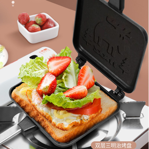 Wood Handle sandwich Baking Pan Toast Bread Double-Sided Non-Stick Coating Frying Pan European and American Foreign Trade French Kitchenware