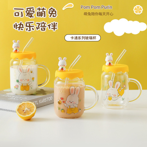 creative cartoon cute rabbit glass borosilicate scale glass cup with lid spoon with straw transparent household water cup