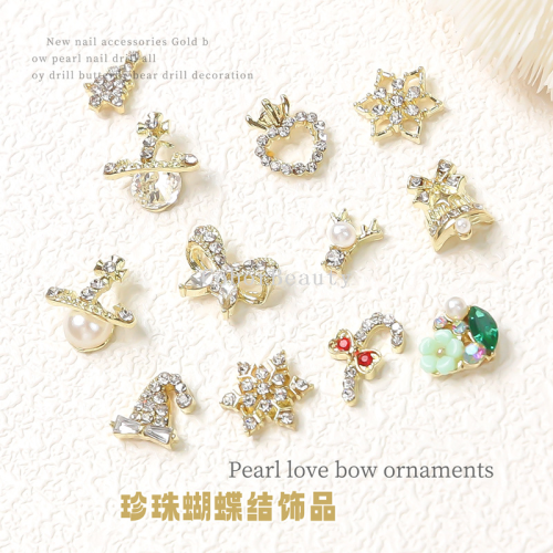 new lz same style japanese nail pearl bow christmas love diamond bell manicure jewelry metal nail ornament