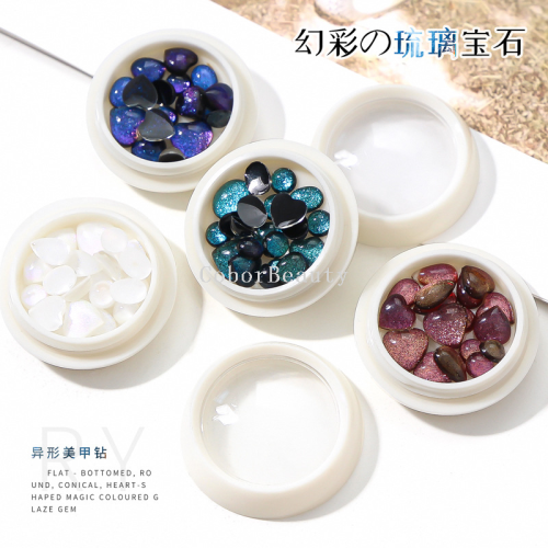 2022 cross-border new magic colored glaze gem heart-shaped round crystal three-dimensional flat bottom diy nail jewelry accessories