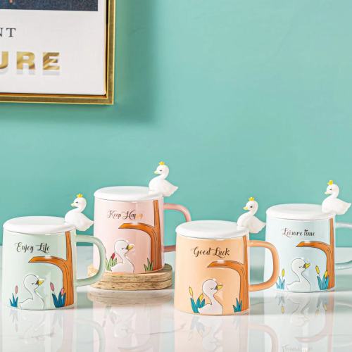 little swan ceramic cup with cover spoon office home mark cup gift