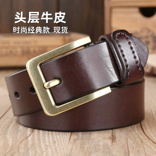 Factory Wholesale New First Layer Yellow Leather Belt Handmade Stitching Casual Belt Men‘s Leather Belt Pure Cowhide