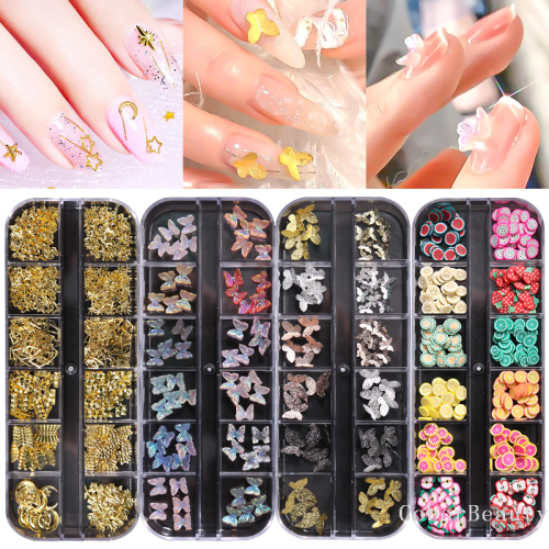 online celebrity style 12-grid boxed nail art three-dimensional butterfly willow ding soft pottery fruit candy magic color sequins nail art jewelry