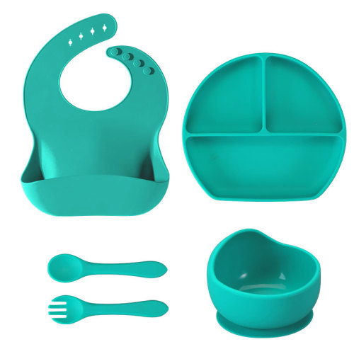 children silicone tableware set infant learning to eat food supplement bowl baby eating fork spoon set strong suction drop-resistant