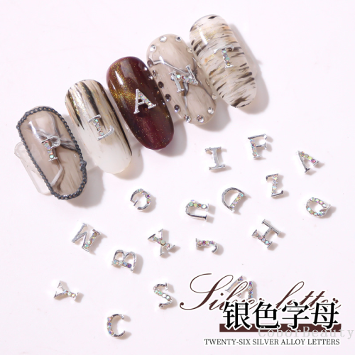 New LZ Nail Art 26 Letters Alloy Ornament Japanese High-Profile Figure Silver Letters Nail Ornament Ornament Nail Crystal