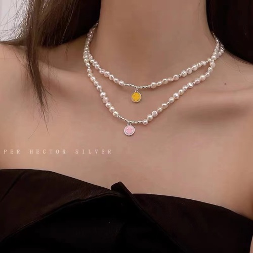 s925 silver beaded pearl smiley face necklace light luxury niche design sense 925 silver clavicle chain internet celebrity new