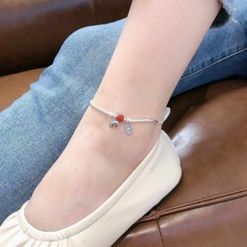 Ornament S925 Sterling Silver NAFU Elephant Anklet Female Japanese Korean Simple Handmade round Beads Fashion Anklet Student
