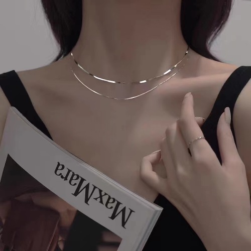 S925 Silver Double-Layer Blade Box Necklace Snake Bone Chain Ins Cold Wind Light Luxury simple Clavicle Chain Women‘s Summer